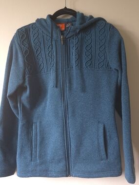 Merrell Fleece Hoodie Jacket Cable Knit Yoke Full Zip Teal Blue Size S Small